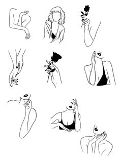 six black and white images of women in bathing suits, one holding a rose while the other is looking at her phone