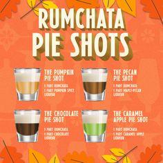 the rumchata pie shots recipe is shown on an orange background with autumn leaves