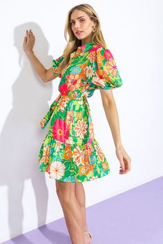 A printed woven mini dress featuring shirt collar, button down, short puff sleeve, elasticized waist with self sash tie and tiered skirtDetails:Self : 100% PolyesterLining : 100% PolyesterSize & Fit- Model is 5`8" And Wearing Size Small- Measurements Taken From Size Small- Approx. Length: 38" Curvy Maxi Dress, What To Wear Fall, Fuchsia Dress, Short Puff Sleeve, Resort Dresses, Jumpsuits And Romper, Curvy Dress, Curve Dresses, Matching Dresses