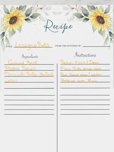 a recipe card with sunflowers on it