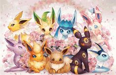 some very cute pokemons with flowers in the background