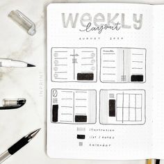 the weekly layout is displayed on top of a notebook with pens and markers around it