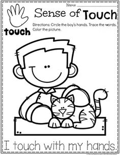 a black and white photo of a boy holding a cat with the words touch with my hands