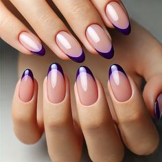 French Tip Purple Summer Nails Aesthetic - Simple & Chic -  Summer is the perfect time to experiment with fun and bold nail designs. One of the most popular trends this season is French tip nails, but with a twist - using different colors instead of the traditional white tips. And one color that's been taking over social media feeds is purple.  Purple exudes a sense of elegance and sophistication, making it the perfect hue for your summer nails. It can also add a pop of color to any outfit and elevate your overall look. So why not give your nails a touch of purple this summer?  To achieve the trendy French tip look, start by prepping your nails with a base coat to protect them from staining. Then choose your favorite shade of purple - whether it's a soft pastel or a vibrant neon Colorful Nail French, Purple Tip Nail Designs, Pop Nails Designs, Purple And Black Nails Ideas, Oval Purple French Tip Nails, Color Tips Nails Acrylic, Dark Purple French Tip Nails Acrylic Almond, Nails Acrylic Purple French Tip, French Tip Dark Purple