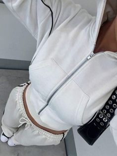 Fit Type:Regular Fit \nLined For Added Warmth:No \nActivity:Daily & Casual \nDetails:Drawstring \nNeckline:Hooded \nDetails:Pocket \nDetails:Zipper \nClosure Type:Zipper Fly \nSleeve Type:Regular Sleeve \nType:None \nColor:White \nPattern Type:Plain \nFabric:Slight Stretch \nCare Instructions:Machine wash or professional dry clean \nChest pad:No Padding \nSheer:No \n Hoodie Set, Winter Outfits Women, Crop Sweatshirt, Two Piece Sets, Sports Women, Women Long Sleeve, Hoodies Womens, Winter Outfits, Two Piece