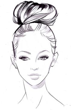 a black and white drawing of a woman's face with her hair in a bun