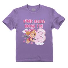 a purple t - shirt that says time flies now i'm 3