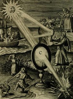 an old book page showing the sun and other things in it, including a telescope