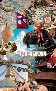 collage of nepal images with captions in english and chinese, including an ox