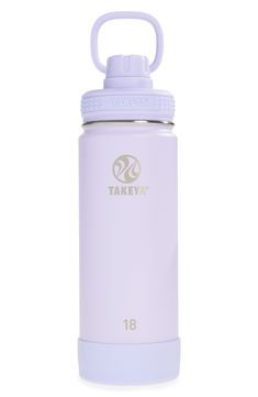 the takeya water bottle is white and has a light blue lid, with an insulated