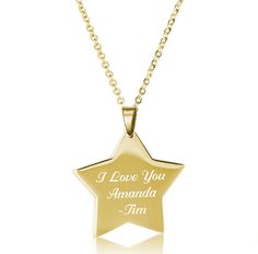 "This personalized gold star necklace makes a great personalized gift for the star in your life! Make your necklace personal by engraving a name, date, or monogramming initials. This high polished stainless steel star pendant will never change color, corrode, or fade. Both sides of the custom silver star pendant can be engraved with your choice of font. Dimensions: 0.75\" x 0.75\" If a logo is chosen we can not fit any text  on the same side How To Send Engraving Instructions: When you are ready to order click ADD TO CART.  During checkout fill out the ADD A NOTE section with your engraving instructions. You can also send a message before purchase to discuss the engraving you would like." Personalized Star-shaped Yellow Gold Jewelry, Star-shaped Engraved Necklace For Gift, Personalized Star Necklaces For Birthday Gift, Personalized Star Necklace For Birthday, Personalized Star Necklace For Birthday Gift, Personalized Star Necklaces For Mother's Day, Personalized Star-shaped Necklace For Gifts, Personalized Star-shaped Jewelry As A Gift, Personalized Star-shaped Jewelry For Gift