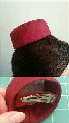 two pictures of a woman's hair with a red hat on top of it