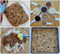 four pictures showing different stages of making granola bars