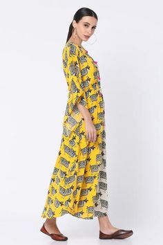 Shop for Masaba White Crepe Printed Colorblock Kaftan for Women Online at Aza Fashions Kaftan For Women, White Tassel, Luxury Sale, Festival Wear, Aza Fashion, Yellow White, Color Blocking, Cow, Long Sleeve Dress