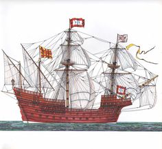 a drawing of a sailing ship with flags on it's mast and sails down