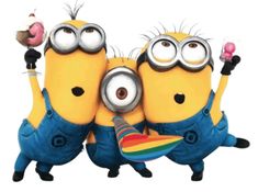 three minion characters with one holding a rainbow and the other pointing at it's face