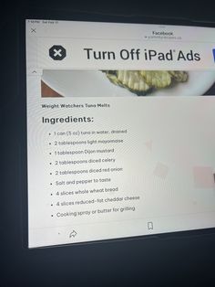 a computer screen with an image of a plate of food on it and the words turn off ipad ads