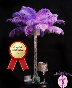 a purple feathered palm tree with a red ribbon around it and an award for conquer contemplances