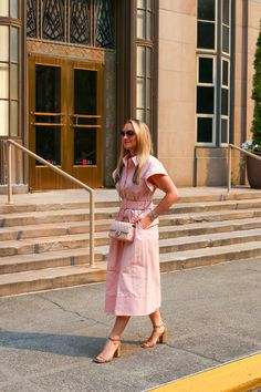 Avec Amber styling a blush pink a-line midi dress for the summer to fall transition. Full post: https://avecamber.blogspot.com/2024/09/blush-pink-line-midi-dress.html Pink A-line Midi Dress For Summer, Pink A-line Summer Midi Dress, Pink Midi-length Shirt Dress For Spring, Casual Pink Button-up Midi Dress, Chic Pink Button-up Midi Dress, Work Wardrobe Staples, Fall Color Trend, Pink Fits