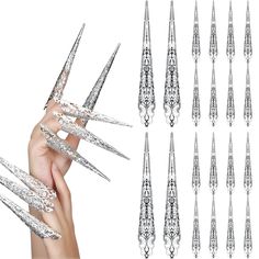 PRICES MAY VARY. What you will receive: the package includes 20 pieces of finger tip claws in silver, the elegant color can meet your multiple decorative needs, also you can share with others Exquisite appearance: the set of cosplay claws is designed as the fingernail of the queen in ancient times, with a long pointed head and a finish, it is very imposing and attractive, the hollow carving design will show your elegant charm Hard to fade or rust: these claw finger tips are made of quality alloy Cosplay Claws, Finger Claws, Claw Rings, Halloween Finger, Ancient Queen, Women Cosplay, Claw Ring, Claw Nails, Christmas Events