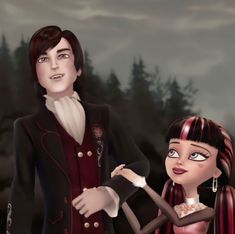 an animated image of a man and woman dressed up in formal clothing, standing next to each other