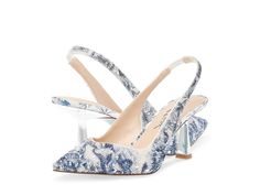 Blue by Betsey Johnson Clark - Women's Shoes : Blue Floral : Bring on a glamorous appeal to your look by slipping into the Blue by Betsey Johnson Clark pumps. Synthetic upper. Synthetic lining with a lightly padded footbed. Easy slip-on style. Slingback strap with an elasticized inset ensures a secure fit. Pointed toe silhouette. Rhinestone embellishments throughout. Brand name embossed on the footbed. Low kitten heel. Durable synthetic outsole. Imported. Measurements: Heel Height: 2 1 2 in Product measurements were taken using size 7, width M. Please note that measurements may vary by size. Royal Heels, Blue And White Heels, Silver Kitten Heels, Blue Wedding Decorations, Blue By Betsey Johnson, Flower Heels, Aesthetic Clothing Stores, Into The Blue, Blue Wedding Shoes