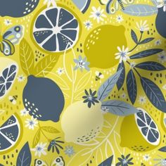 an image of lemons and leaves on a yellow background