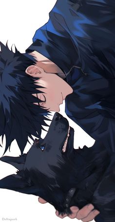 an anime character with long black hair holding a cell phone in his right hand and looking down at the ground