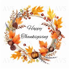 a happy thanksgiving wreath with autumn leaves and acorns on the front, in watercolor