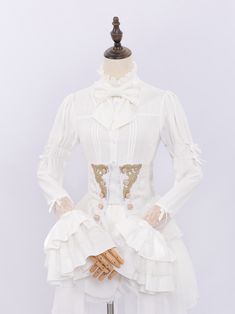 Crafted with meticulous attention to detail, this shirt features delicate lace patches adorning the long sleeves, the front is beautifully pleated, enhancing its structured silhouette, while the high neckline is adorned with a charming bowknot, offering a playful yet refined accent. Ideal for creating a regal and timeless look, this shirt seamlessly combines classic Victorian influences with contemporary Lolita fashion.   	 		 			Size 			S 			M 			L 		 		 			Full Length 			52 			53 			54 		 		 			Bust 			92 			96 			100 Steampunk Fashion Female, Steampunk Fashion Male, Gothic Skirts, Corset Belt, Lolita Dress, Steampunk Fashion, Lolita Fashion, Kawaii Fashion, White Fabrics