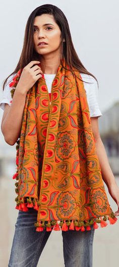 Yellow color Dupatta in Cotton fabric with Embroidered work Khadi Fabric, Dupatta Designs, Tassel Lace, Simple Kurti Designs, Western Outfit, Winter Shawl, Embroidered Wool, Aari Work, Orange Fabric