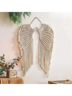 Beige  Collar  Fabric   Embellished   Home Decor Hanging Angel Wings, Ali D'angelo, Macrame Angel, Angel Wings Wall Decor, Angel Wings Wall, Wing Wall, Macrame Tapestry, Boho Tapestry, Bohemian Wall Decor