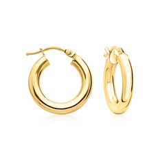 Ross-Simons - Italian 3mm 18kt Yellow Gold Hoop Earrings. 5/8". Crafted in Italy, these classic hoop earrings glow in polished 18kt yellow gold. They are the perfect pair for daily wear! Hanging length is 5/8". Snap-bar, 18kt yellow gold hoop earrings. Classic Yellow Gold Hoop Earrings With Shiny Finish, Classic Yellow Gold Round Hoop Earrings, Classic Round Yellow Gold Hoop Earrings, Jewelry Presentation, Fine Jewellery Earrings, Jewelry Earrings Hoops, Gold Hoop, Gold Hoop Earrings, Perfect Pair