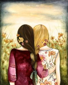 two girls with long hair are facing each other and the words sister is a little bit of childhood that can never be lost