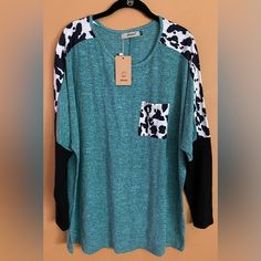 Nwt - E Pretty Turquoise And White Cow Print Long Sleeve Sweater. One Front Pocket. Size - Xl Casual Blue Blouse For Winter, Casual Blue Winter Blouse, Turquoise Long Sleeve Tops For Fall, Long Sleeve Turquoise Tops For Fall, Blue Fall Loungewear Blouse, Blue Blouse For Fall Loungewear, Casual Long Sleeve Turquoise Blouse, Casual Turquoise Long Sleeve Blouse, White Cow Print