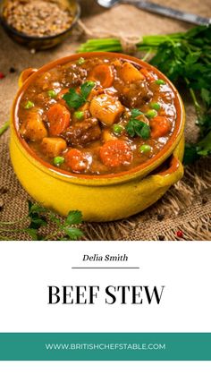 Delia Smith Beef Stew Traditional Beef Stew Recipe, Traditional Beef Stew, Delia Smith, Chuck Steak, Peas And Carrots, Potatoes Onions, Buttered Noodles, Chefs Table, Herbs De Provence