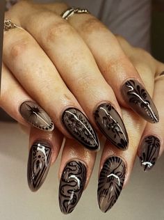 @yanpaintsnails fall nail inspo Gel Nail Designs Fall 2024, Victorian Style Nails, Ren Fair Nails, Alt Fall Nails, Dark Academia Nail Art, Whimsigoth Nail Art, Vintage Style Nails, Dark Cottagecore Nails, Ethel Cain Nails