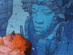 an image of a man sitting on top of a rock next to a giant head