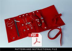 an open red case with jewelry on it and the text pattern and instructional file below