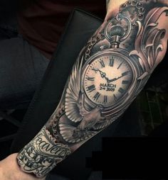 a man with a clock tattoo on his arm