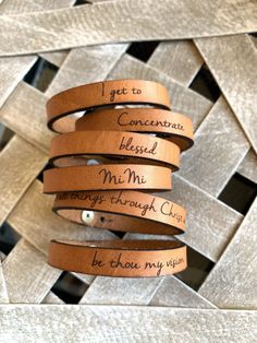 "SUMMER VACATION SALE Shipping times are longer while we enjoy time with our family! Enjoy a little discount on our skinny bracelets as a thank you for your patience. Be Inspired all Day. Jewelry with meaning. Skinny Full Grain Leather Bracelet Engraved with a word or words of your choice. Makes a wonderful gift reminder to someone you love! Choose a word or customize one with your own words! (For your own words... Choose custom & add your words in the personalization box.) This Classic styl Ice Cream Crafts, Custom Engraved Bracelet, Message Bracelet, Word Bracelet, Hidden Message, Enjoy Time, Engraved Bracelet, With Meaning, Leather Sheets