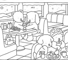 two teddy bears sitting at a table with food in front of them, and one bear eating