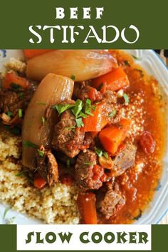 A plate with couscous and beef stifado. Greek Beef Stew, Beef Stifado, Greek Beef, Beef Chunks, Quick And Easy Appetizers, Slow Cooked Meals