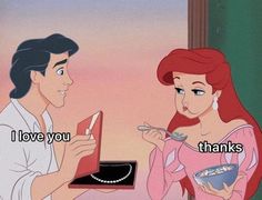 ariel and prince from the little mermaid are sharing a bowl of cereal with each other