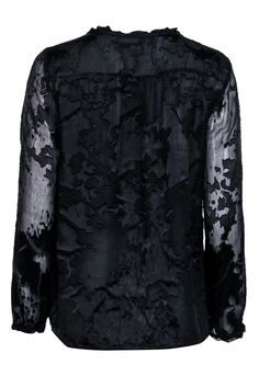 The appeal of this delicate, black silk blouse by beloved label Diane von Furstenberg is truly in the details. Textured silk features a sheer "burnout" design with lining and iridescent buttons at the chest. A loose fit and button detail make it the perfect companion for a midi skirt and suede pumps for the work day. Switch into dark denim and knee-high boots for dinner with friends. Size 8 Shell 63% Rayon, 37% Silk Lining 100% Polyester Loose fit Open neckline Iridescent button closure Textured detail Elastic sleeve cuff Semi-sheer Bust 40" Waist 42" Shoulder to hem 25" Sleeve length 23" Sheer Black Silk Blouse, Black Sheer Silk Blouse, Black Silk Blouse With Sheer Sleeves, Black Silk Blouse, Dinner With Friends, Sleeve Cuff, Suede Pumps, First Lady, Black Silk