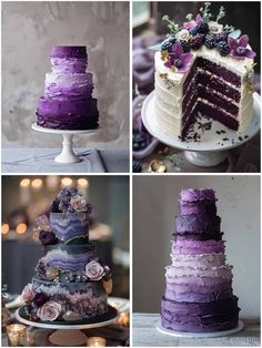 different types of cakes with purple frosting and flowers on each one layer, including two layers