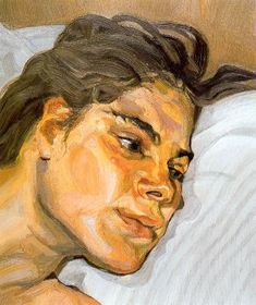 a painting of a man laying in bed with his eyes closed and head turned to the side