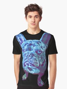 a man wearing a t - shirt with an image of a bulldog on it