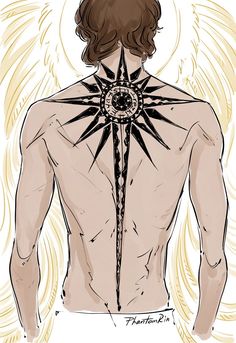 the back of a man's body with an inverted star tattoo on it