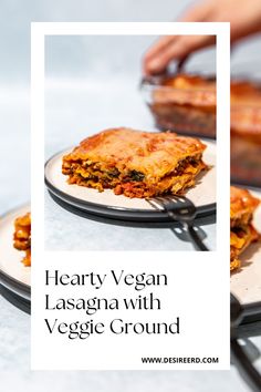 hearty vegan lasagna with veggie ground on two plates next to each other